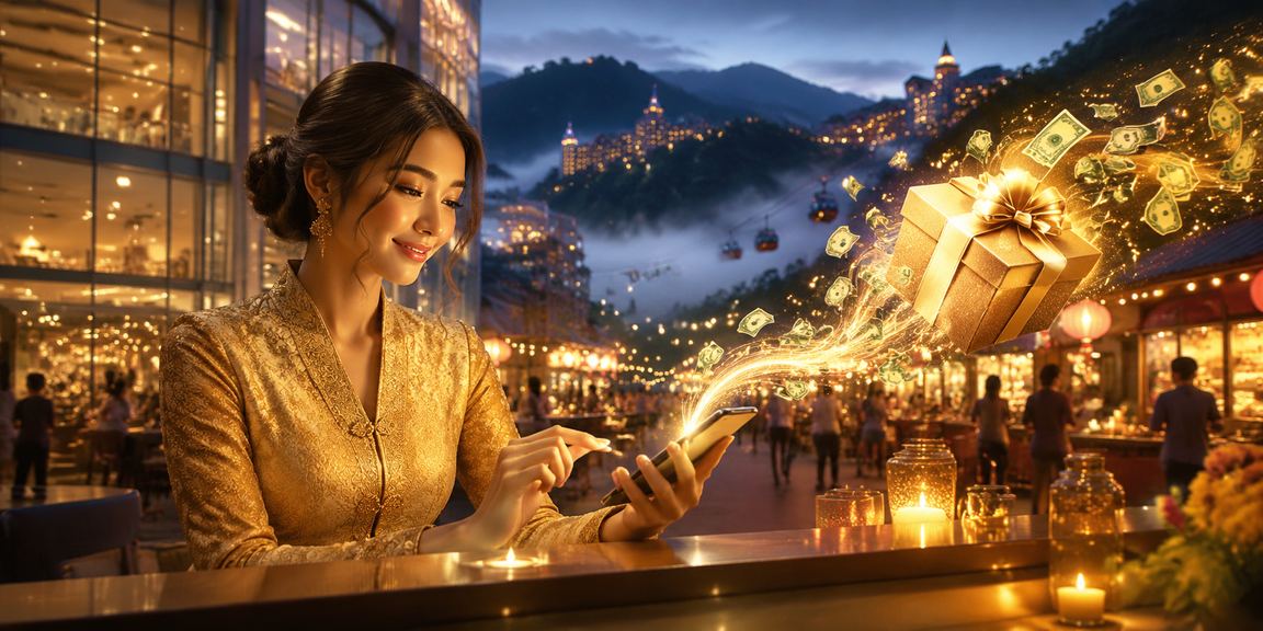 Pengguna platform 47100 di Genting Highlands menonton kriket langsung melalui telefon mudah alih berbaju kebaya