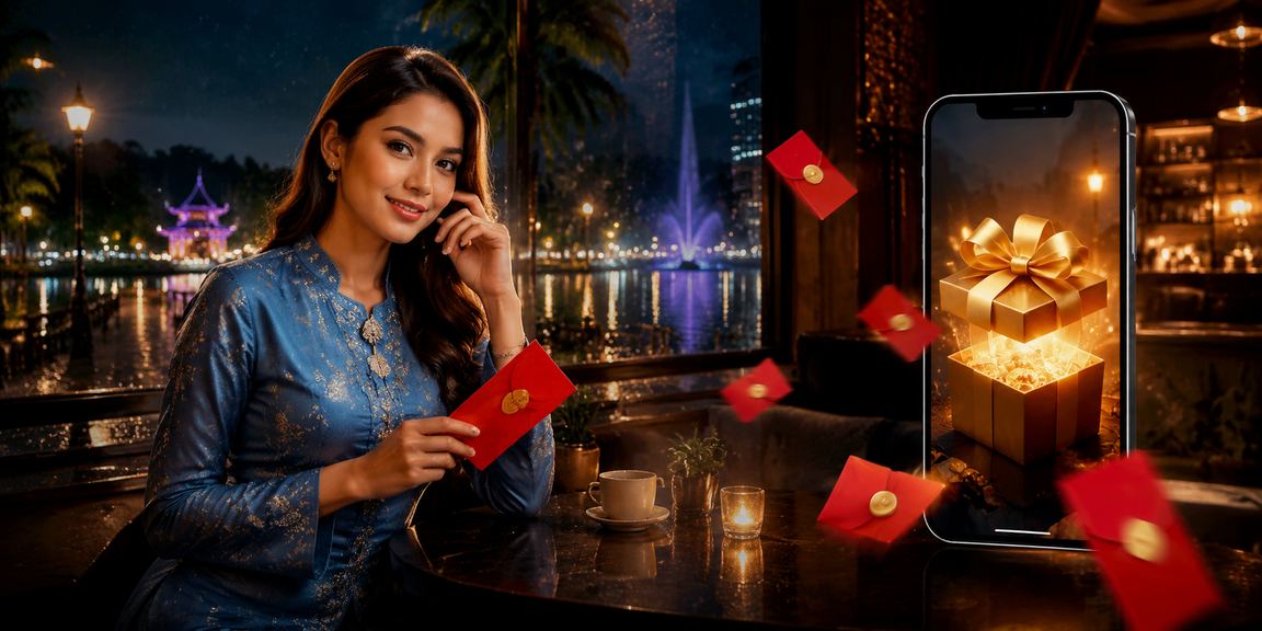 Pengguna Malaysia dalam pakaian baju kurung menggunakan aplikasi mudah alih untuk menerima bonus 47100